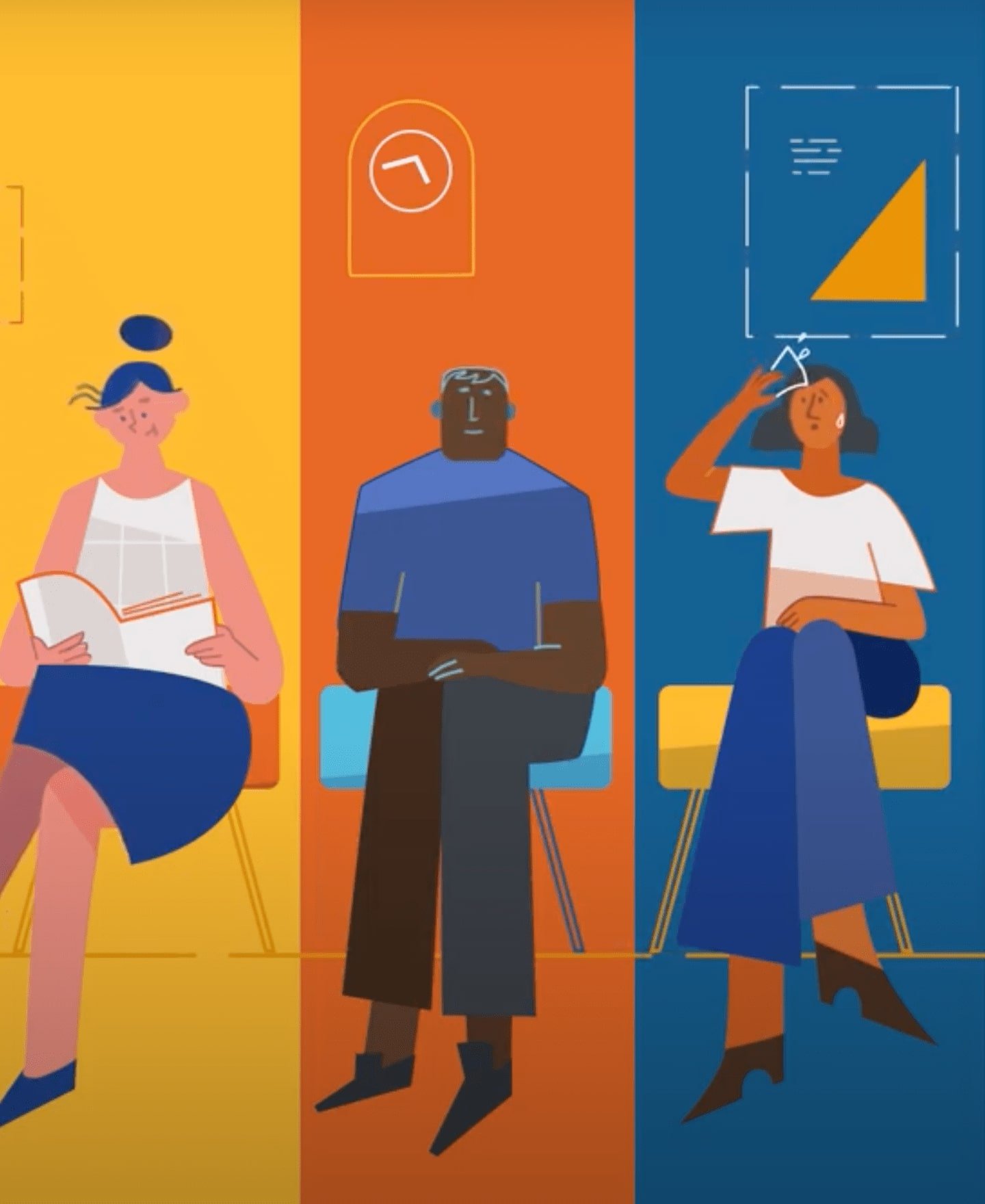 Colorful graphic of 4 people sitting in a healthcare professionals waiting room